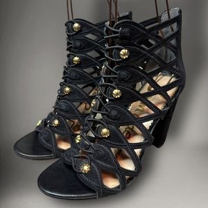 Sam Edelman Size 8.5 YEAGER Black Suede Heeled Sandals